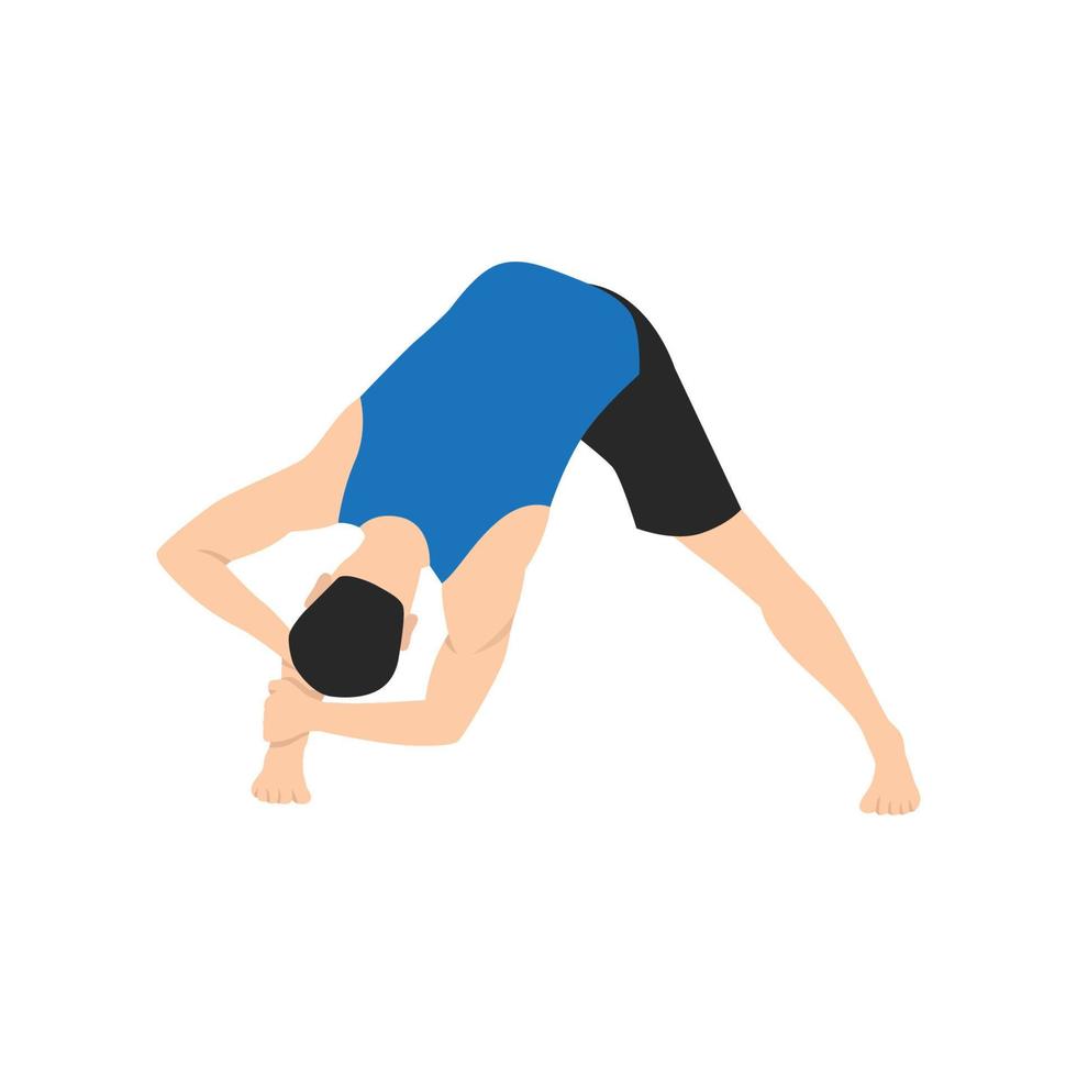 Man doing wide legged forward bend pose prasarita padottanasana exercise. Flat vector illustration isolated on white background
