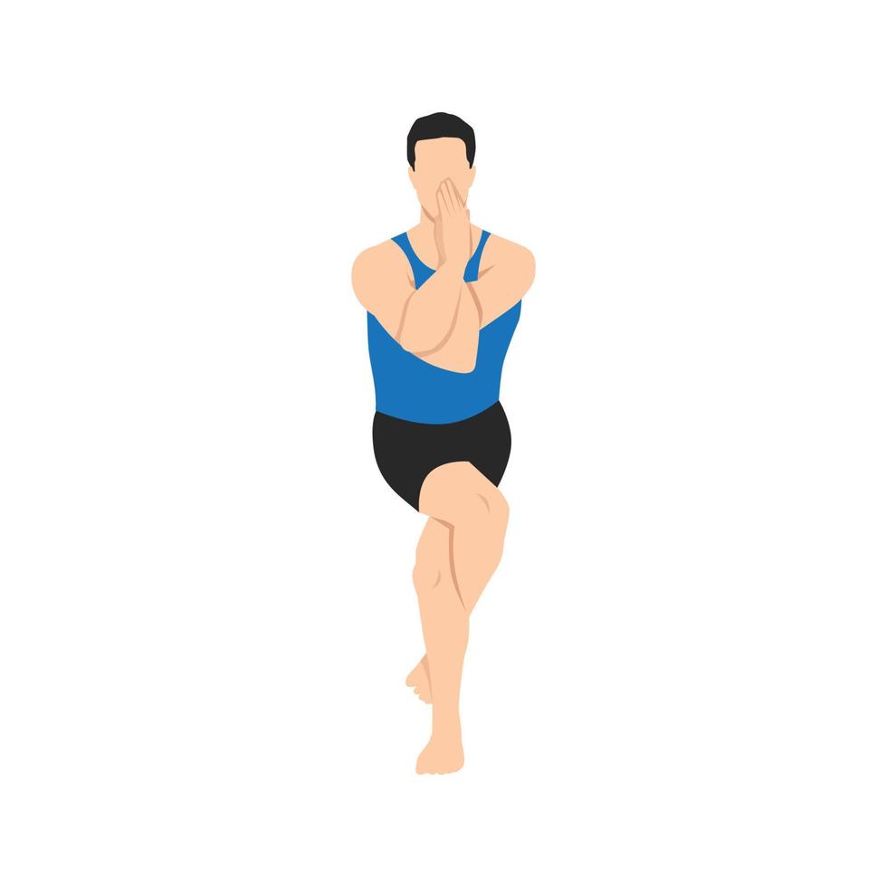 Man doing eagle pose Garudasana exercise. Flat vector illustration isolated on white background