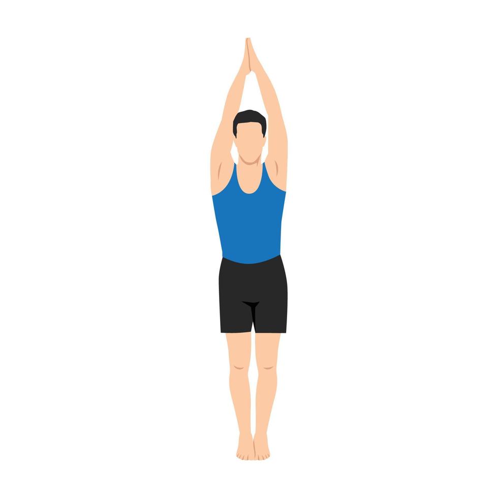 hombre haciendo pose de yoga urdhva namaskarasana. de pie con el ejercicio upavishtha konasana. ilustración vectorial plana aislada sobre fondo blanco vector