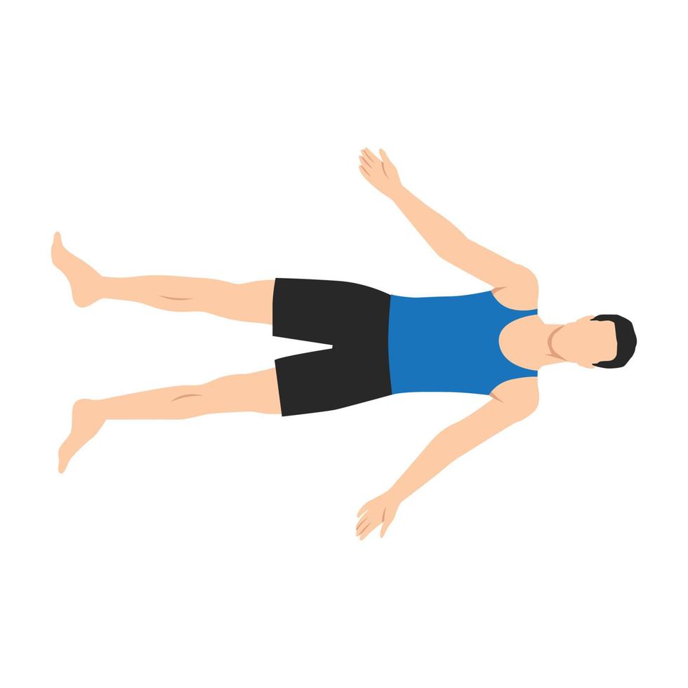 hombre haciendo shavasana o pose de cadáver. ejercicio de práctica de yoga. ilustración vectorial plana aislada sobre fondo blanco vector