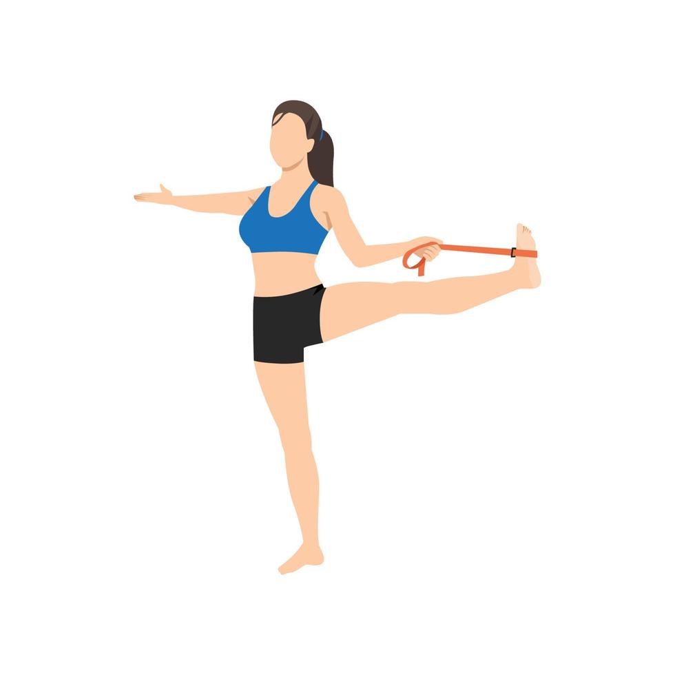 mujer haciendo ejercicio de mano extendida al dedo gordo del pie con banda elástica utthita hasta padangusthasana. ilustración vectorial plana aislada sobre fondo blanco vector