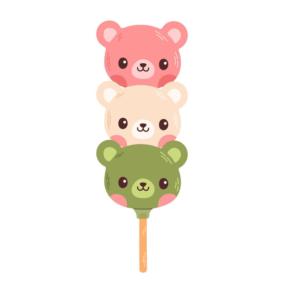 dango postre japonés en forma de oso aislado en blanco. postre hanami dango con 3 colores rosa, blanco y verde. vector