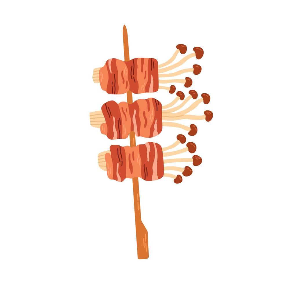 Asian Yakitori Skewers with mushrooms enoki and bacon, for asian fast food and take out restaurants. Vector illustration