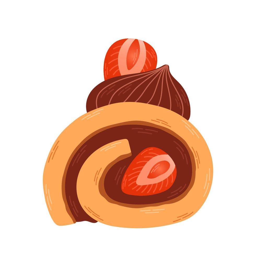 Strawberry vanilla chocolate cake roll. Japanese dessert roll. Vector illustration