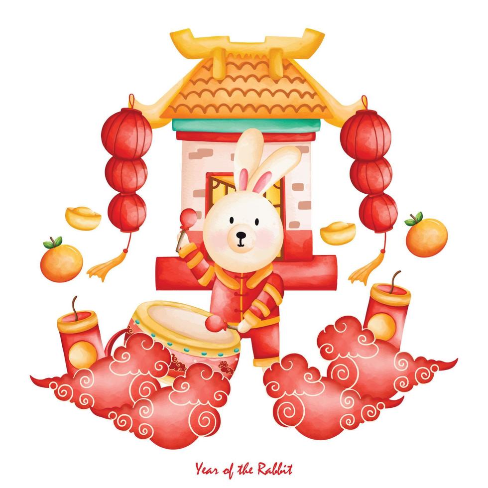 lindo conejito en traje y decoración tradicional china, vestido cheongsam, el año del conejo vector