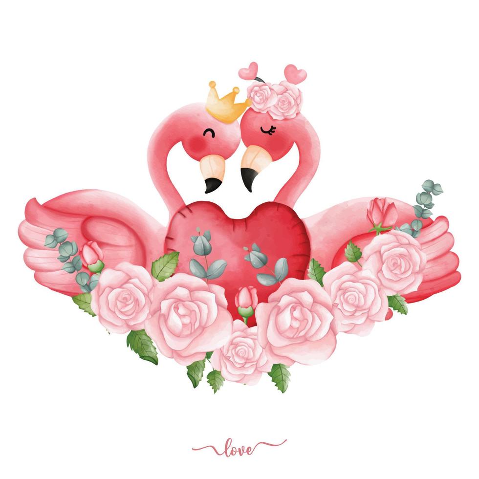 flamenco con ramo de rosa corazón dibujado a mano ilustración para san valentín vector