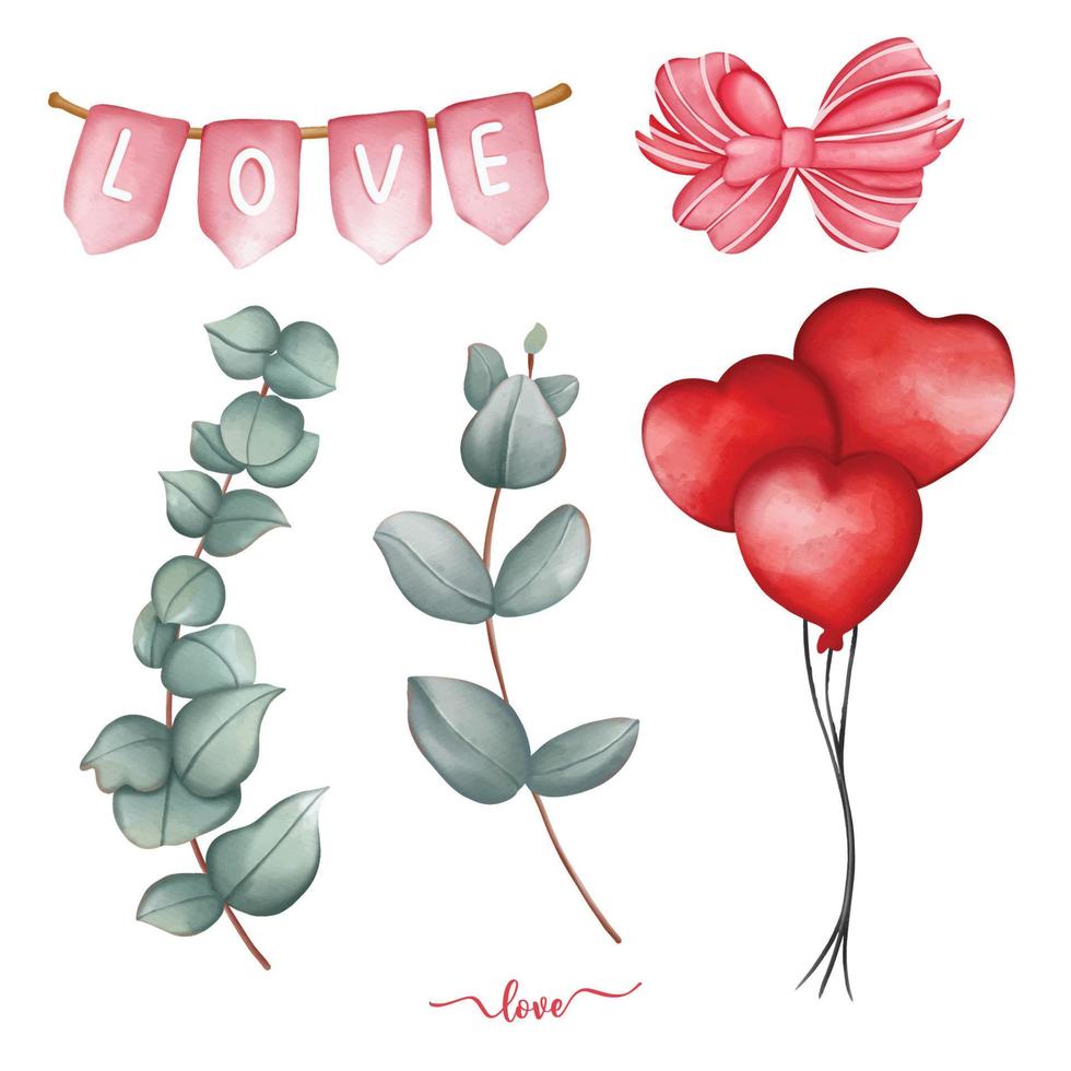 Love and romance illustration set. Valentines red heart balloons set. Watercolor hand drawn vector