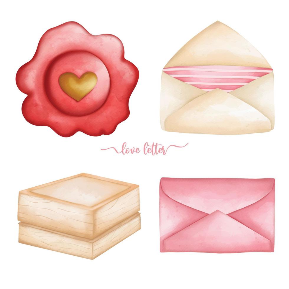 envelope letter set for Love and Valentine elements, watercolor illustration vector