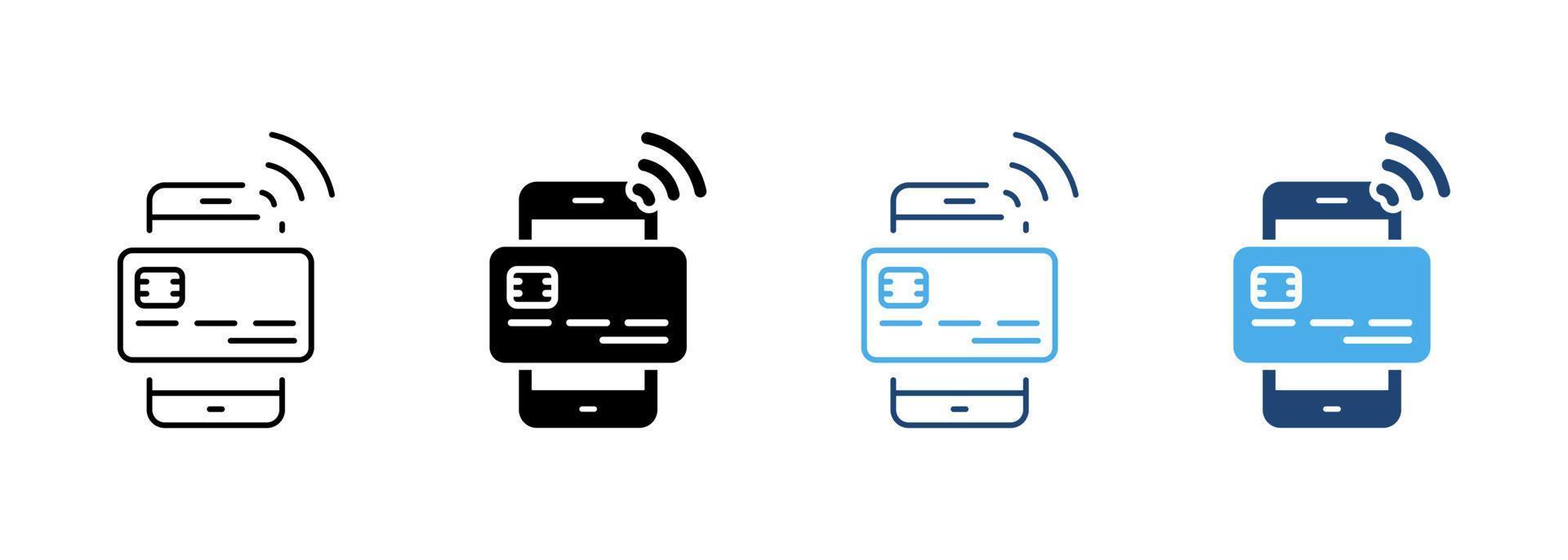 Credit Card with Mobile Phone Wireless Payment Line and Silhouette Icon Set. Electronic Bank Technology Pictogram. Smartphone App for Pay Symbol Collection. Isolated Vector Illustration.