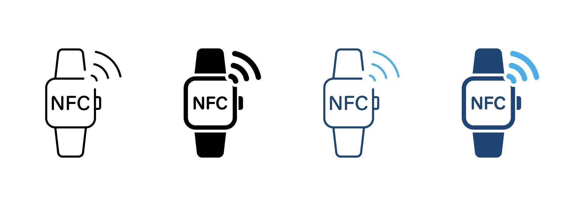 Smart Watch with NFC Technology Line and Silhouette Icon Set. Smartwatch Bracelet Pictogram. Watch for Contactless Payment Symbol Collection on White Background. Isolated Vector Illustration.