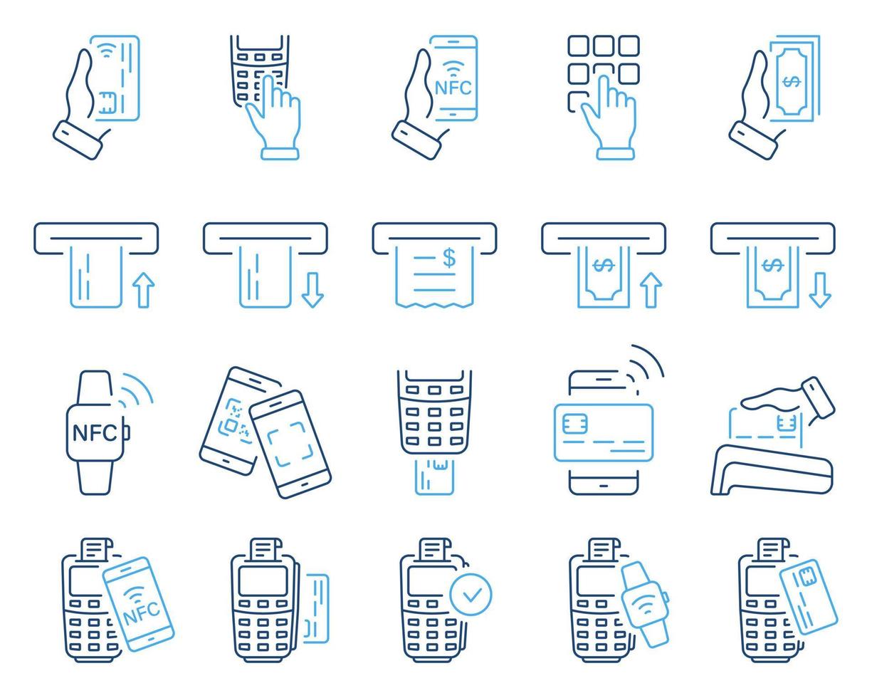 Contactless Payment by Mobile Phone, Credit Card on POS. ATM Money Withdraw Icon. Cashless Wireless Pay Transaction by NFC Technology Line Icon Set. Editable Stroke. Isolated Vector Illustration.