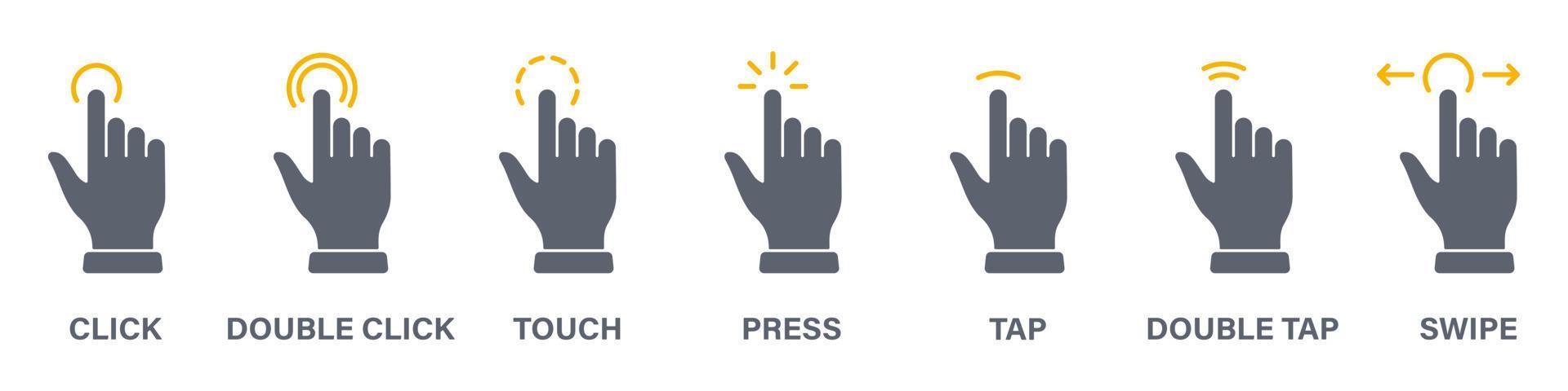Hand Finger Touch, Swipe, Click, Press and Tap Silhouette Icon Set. Double Click and Tap Sign. Gesture Slide Left and Right Icon. Isolated Vector Illustration.