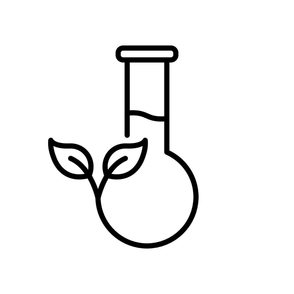 matraz con equipo de hoja para icono de línea de ciencia química. experimento de investigación de plantas de biología en pictograma de laboratorio. icono de contorno de laboratorio científico orgánico. trazo editable. ilustración vectorial aislada. vector