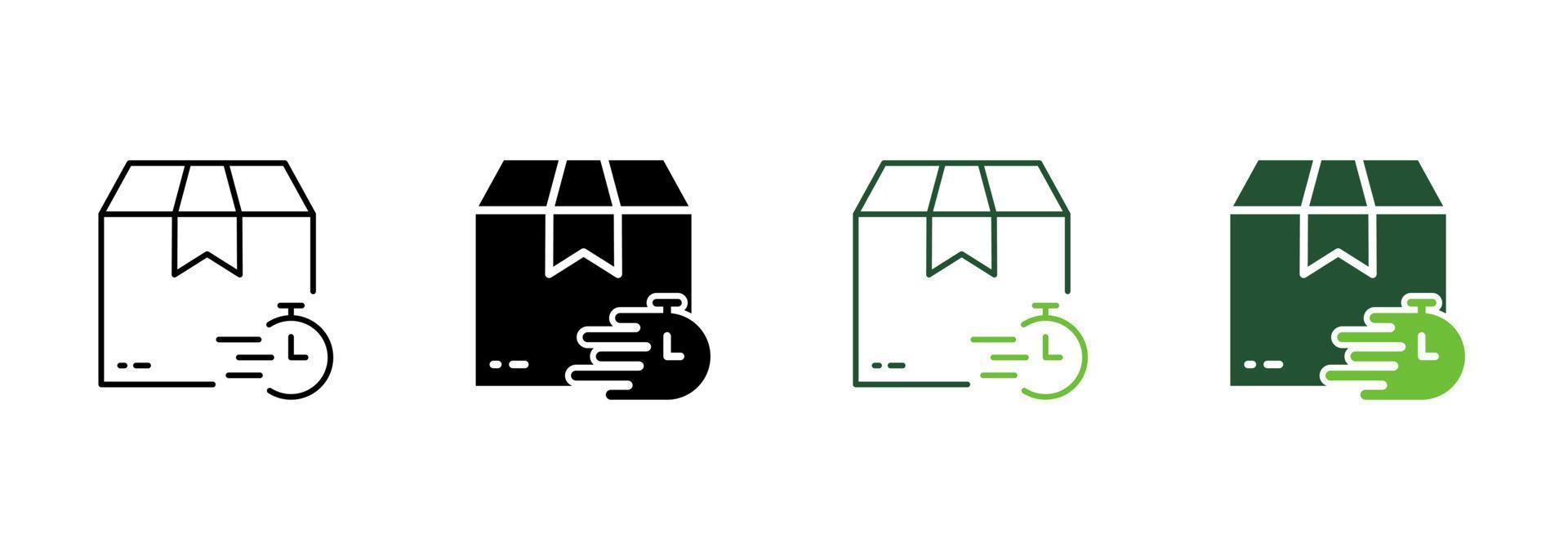 Time Delivery Silhouette and Line Icon. Parcel Box and Clock Fast Transportation Pictogram. Timer Express Speed Shipment Icon. Stopwatch and Package. Editable Stroke. Isolated Vector Illustration.