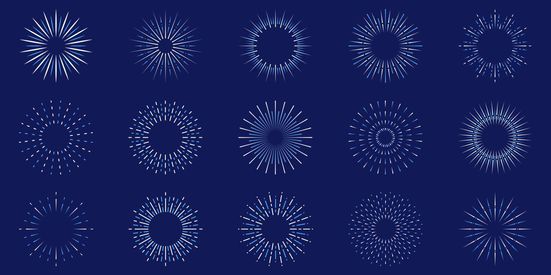 conjunto de iconos de línea de fuegos artificiales. explosión de luz estelar. círculo chispa sunburst estrella ráfaga brillo icono de contorno. celebrar feliz cumpleaños, feliz pictograma lineal de fiesta de navidad. ilustración vectorial aislada. vector