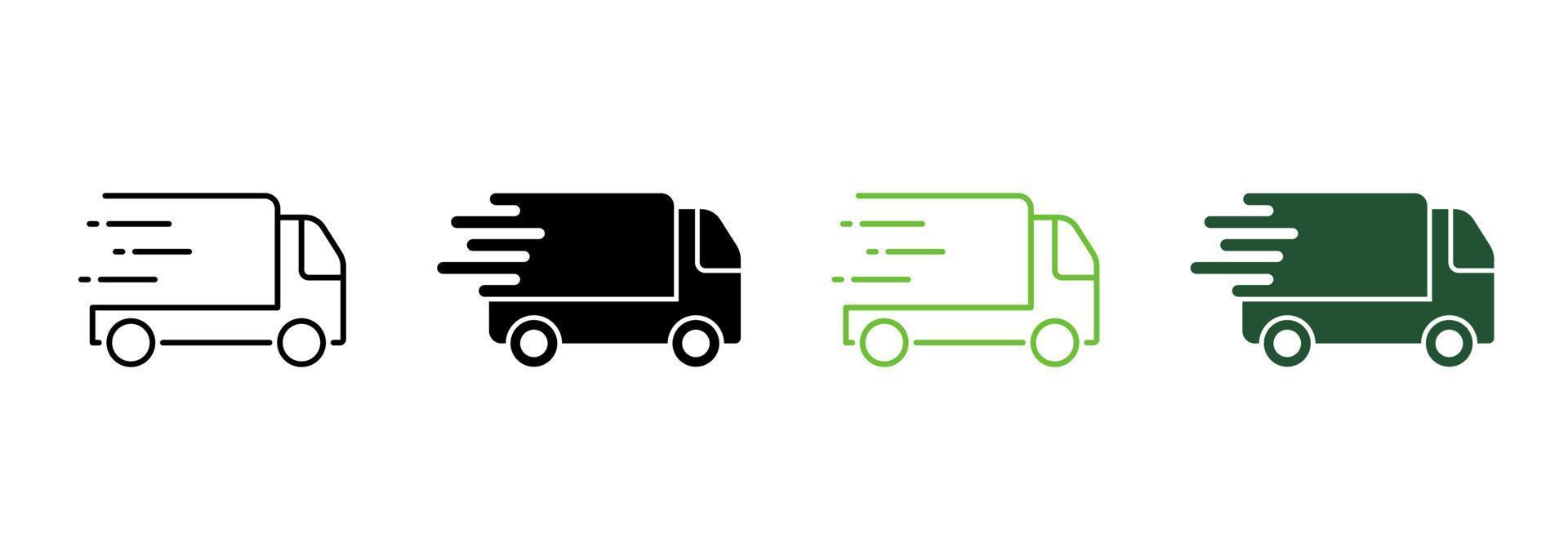 Service Truck Silhouette and Line Icon. Fast Van Shipping Order Pictogram. Express Free Delivery Service Car Courier Icon. Quick Vehicle Transport. Editable Stroke. Isolated Vector Illustration.