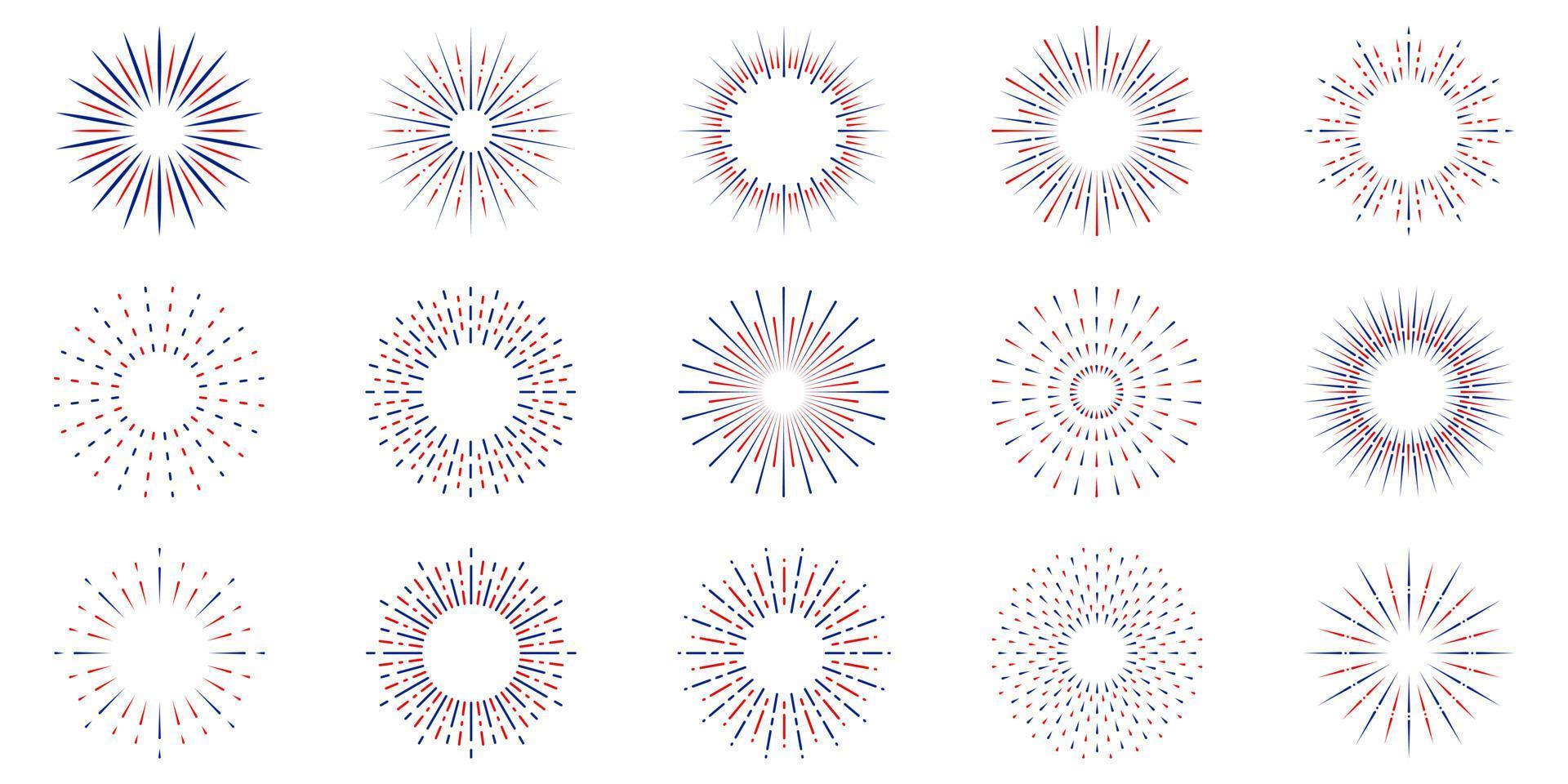 Firework Line Icon Set. Starburst Light Explosion. Circle Spark Sunburst Star Burst Shine Outline Icon. Celebrate Happy Birthday, Merry Christmas Party Linear Pictogram. Isolated Vector Illustration.
