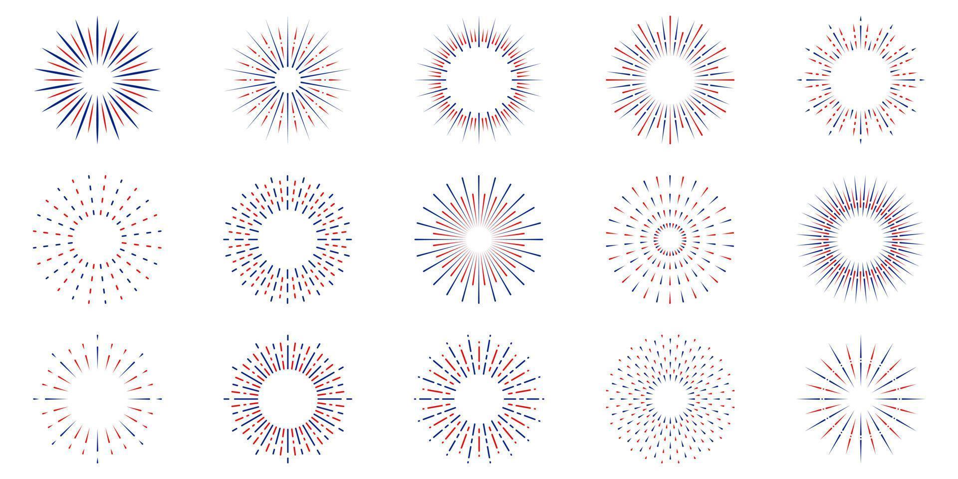 conjunto de iconos de línea de fuegos artificiales. explosión de luz estelar. círculo chispa sunburst estrella ráfaga brillo icono de contorno. celebrar feliz cumpleaños, feliz pictograma lineal de fiesta de navidad. ilustración vectorial aislada. vector