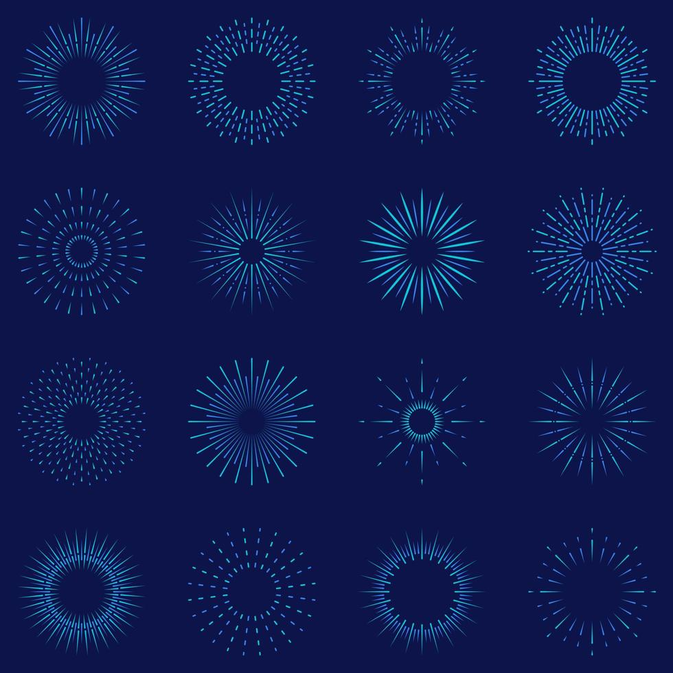 conjunto de iconos de línea de fuegos artificiales. pictograma lineal. círculo chispa sunburst estrella ráfaga brillo icono de contorno. explosión de luz estelar. celebrar feliz cumpleaños, feliz fiesta de navidad. ilustración vectorial aislada. vector