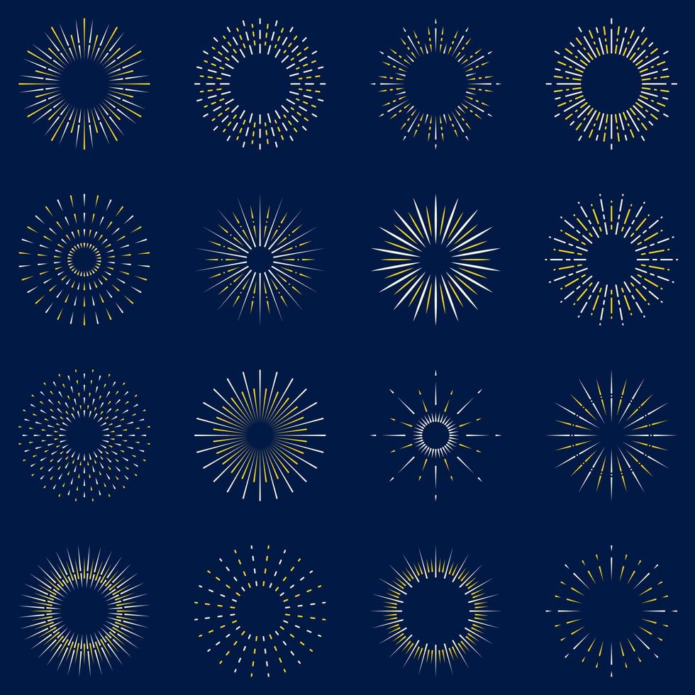 Firework Line Icon Set. Linear Pictogram. Circle Spark Sunburst Star Burst Shine Outline Icon. Starburst Light Explosion. Celebrate Happy Birthday, Merry Christmas Party. Isolated Vector Illustration.