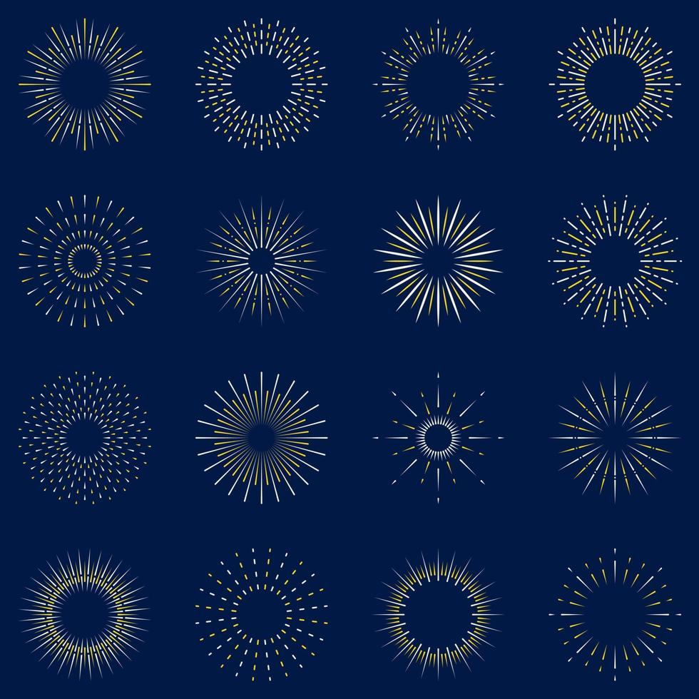 conjunto de iconos de línea de fuegos artificiales. pictograma lineal. círculo chispa sunburst estrella ráfaga brillo icono de contorno. explosión de luz estelar. celebrar feliz cumpleaños, feliz fiesta de navidad. ilustración vectorial aislada. vector