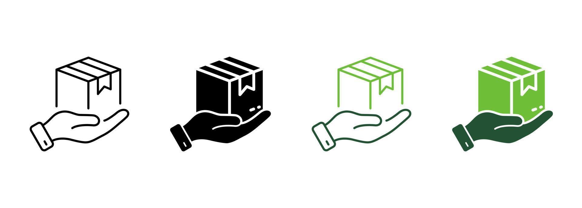 Courier Give Cardboard Packaging Silhouette and Line Icon. Receive Present in Carton Package Icon. Parcel Box in Hand Delivery Service Pictogram. Editable Stroke. Isolated Vector Illustration.