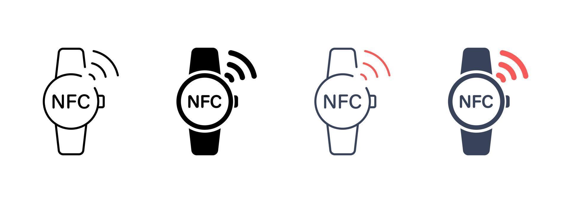 Smart Watch with NFC Technology Line and Silhouette Icon Set. Smartwatch Bracelet Pictogram. Watch for Contactless Payment Symbol Collection on White Background. Isolated Vector Illustration.