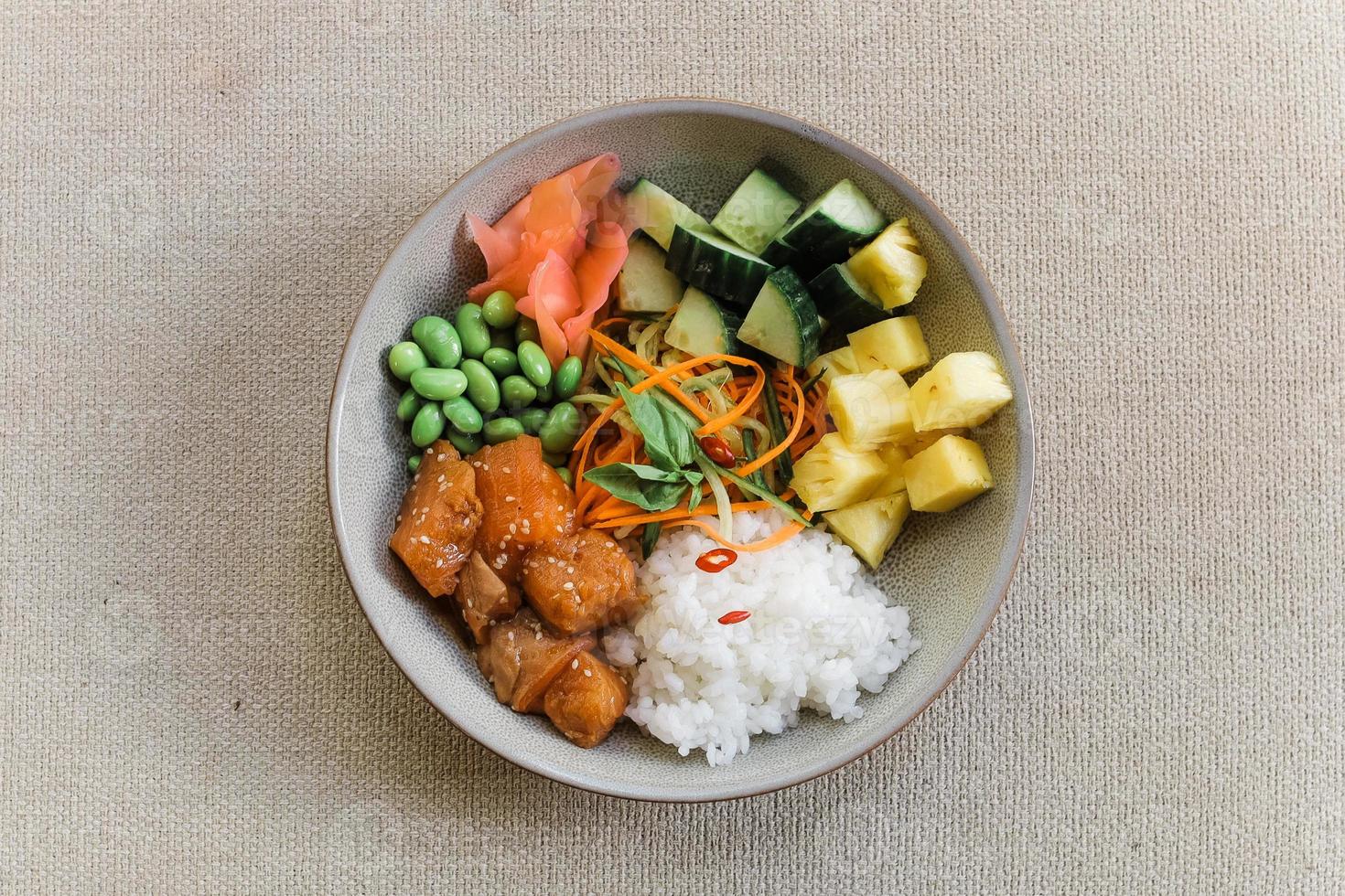 Salmon and vegatable bali bowl photo