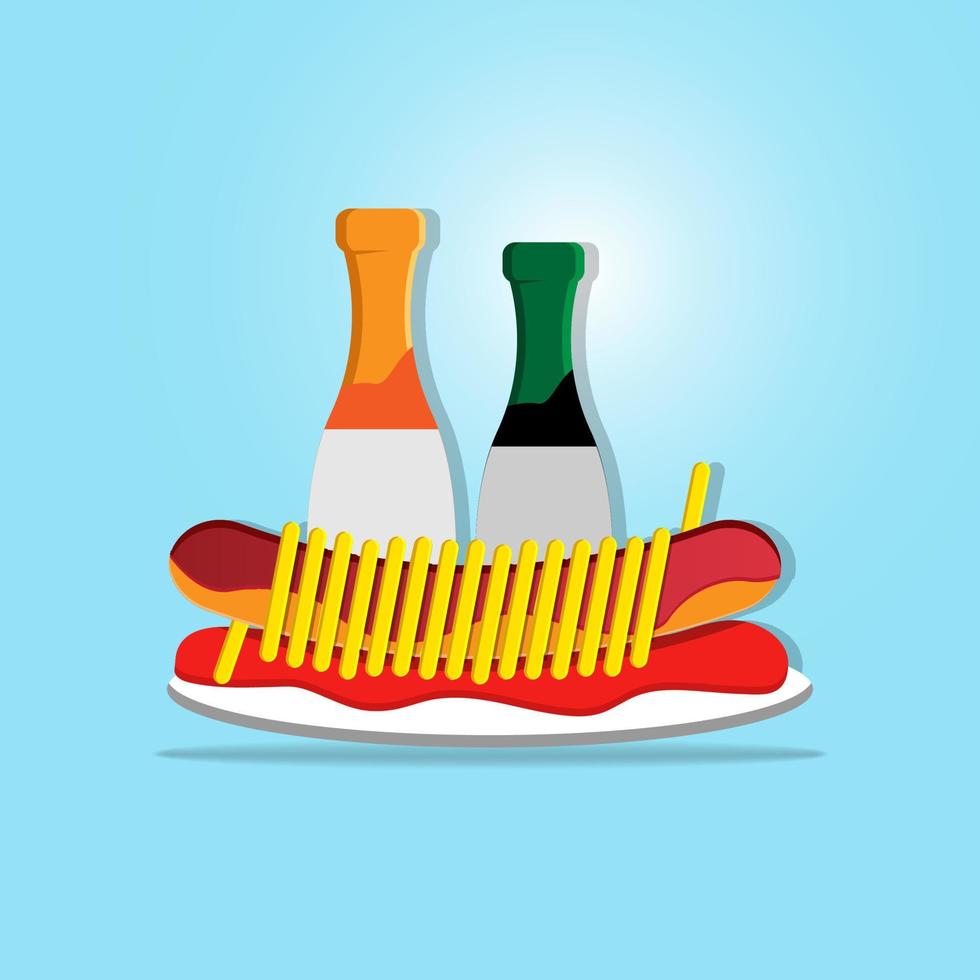 Sausage rolled noodles with two bottle of sweet soy sauce and hot sauce on plate. Food vector illustration.