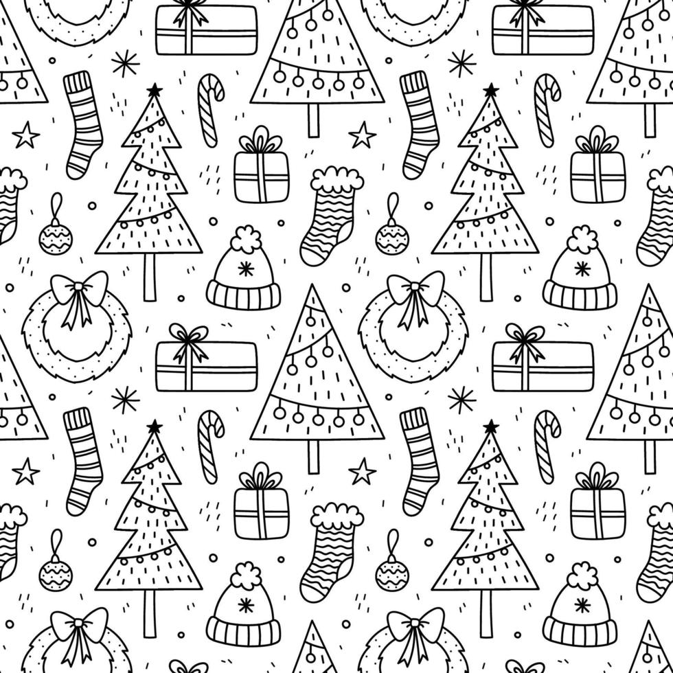 Cute xmas seamless pattern with gifts, baubles, Christmas tree and wreaths, stockings, candy cane, snowflakes. Vector hand-drawn doodle illustration. Perfect for wrapping paper, decorations, wallpaper