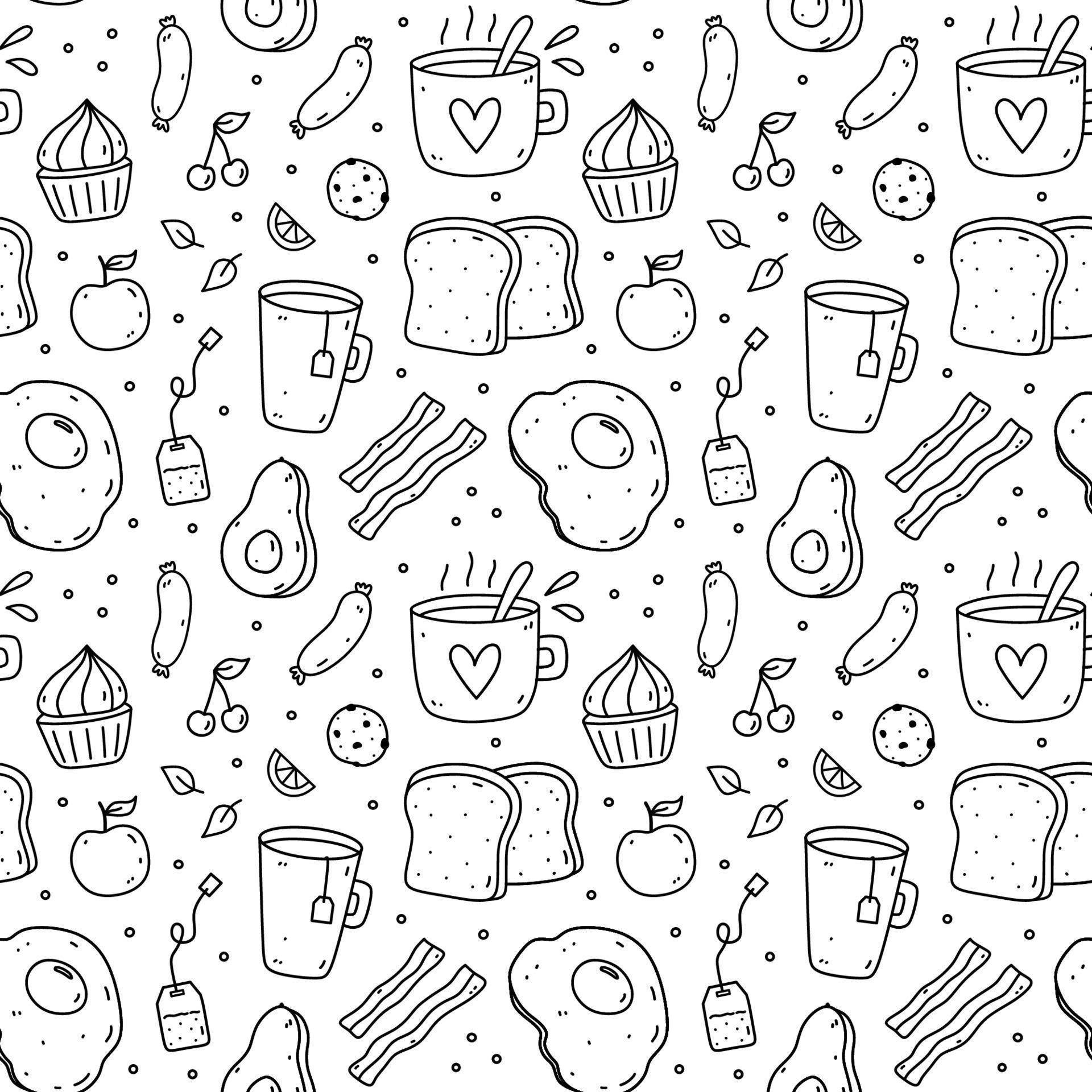Cute seamless pattern with breakfast food - fried eggs, bacon, toasts