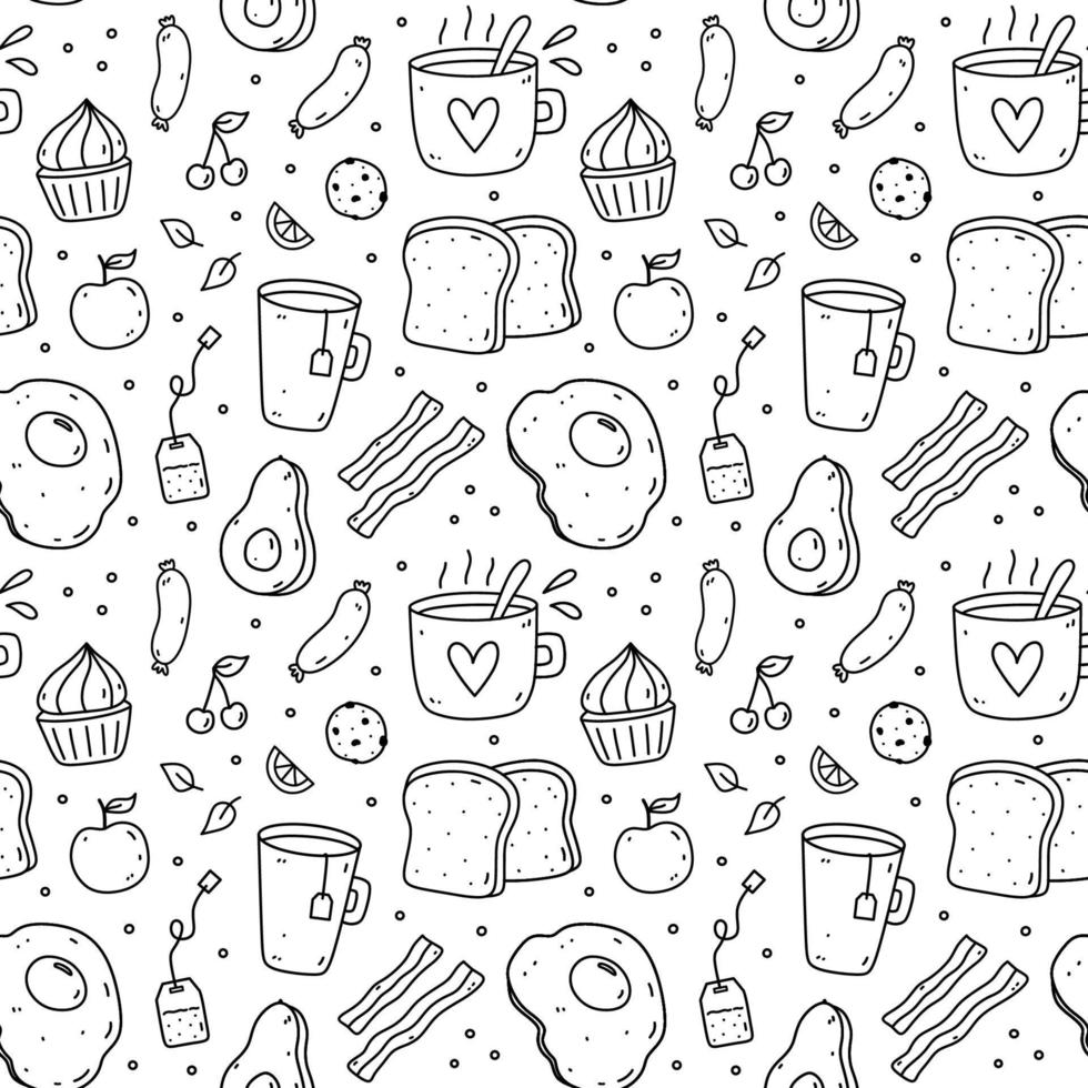 Cute seamless pattern with breakfast food - fried eggs, bacon, toasts, sausages, coffee, avocado, fruits. Vector hand-drawn illustration in doodle style. Perfect for print, wrapping paper, wallpaper.