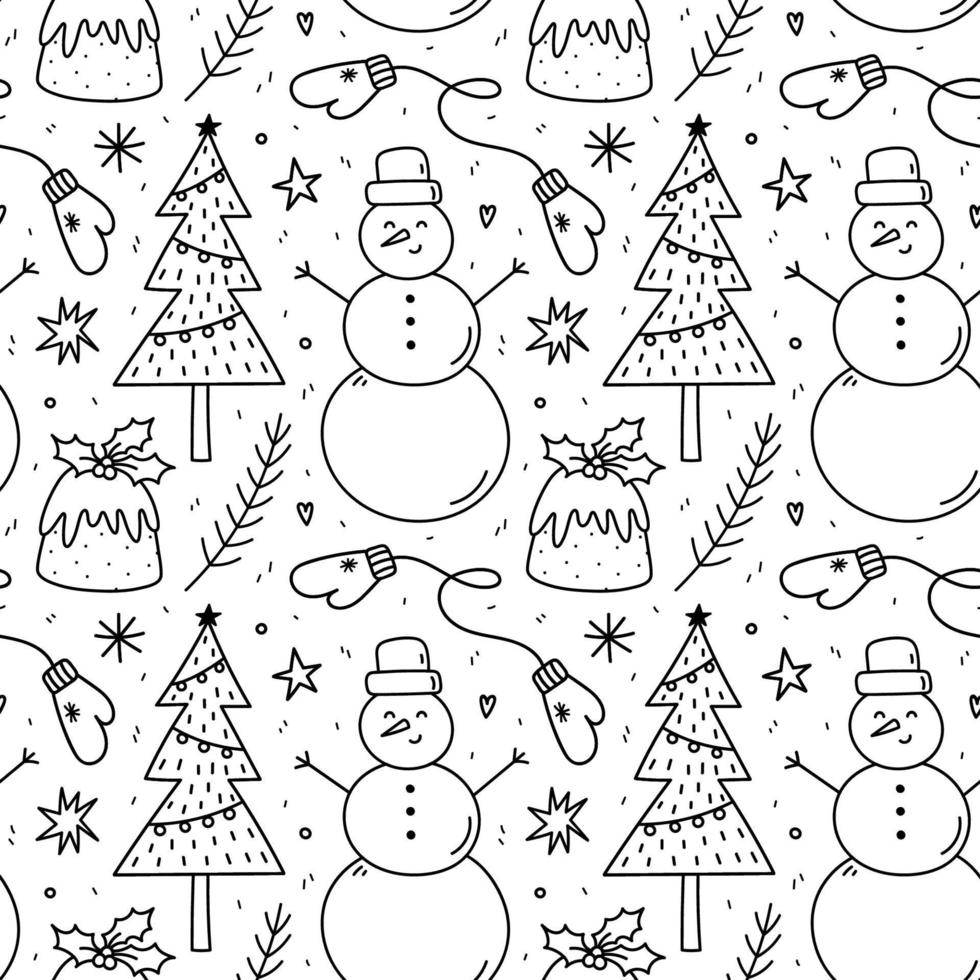 Cute xmas seamless pattern with fir trees and branches, snowman, Christmas pudding, warm mittens, snowflakes, stars. Vector hand-drawn doodle illustration. Perfect for wrapping paper, decorations.