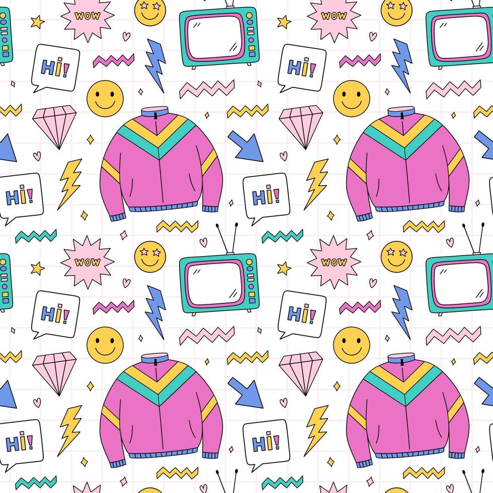 Bright seamless pattern with items from the nineties - sports jacket, retro tv, smile, lightning, diamonds and stars on checkered background. Nostalgia for the 1990s.Perfect for print, wrapping paper vector