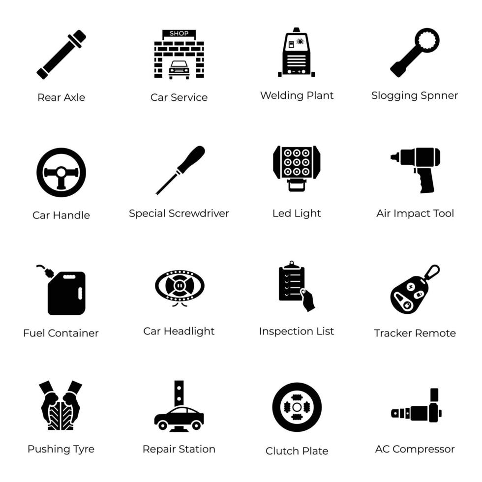 Workshop and Repair Car Services Solid Icons vector