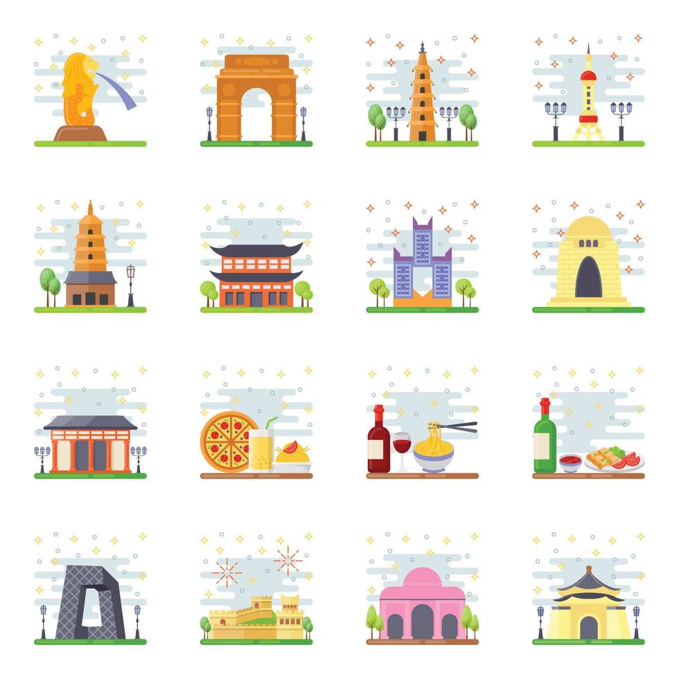 Landmarks and Monuments Flat Icons Pack vector