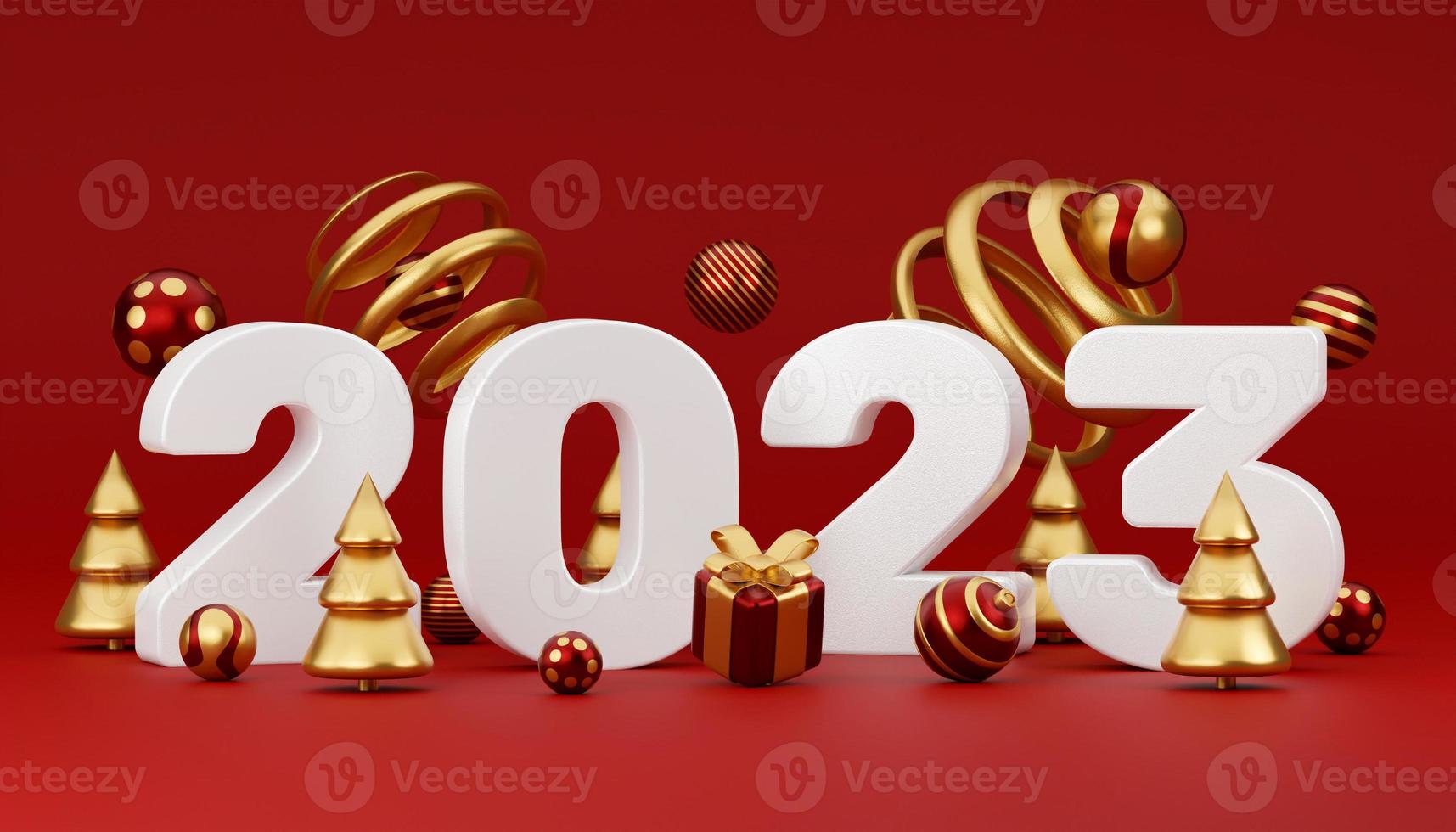 Happy New Year 2023 golden design with gift box and ball. Holliday decorative elements on red background. 3D render illustration photo