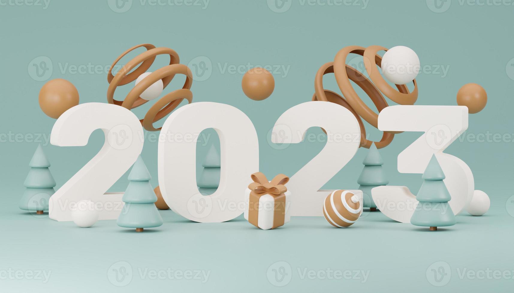 2023 new year 3d render illustration. Happy New Year 2023. Number Realistic 3d render sign. festive realistic decoration. Celebrate party Web Poster, banner, cover card, brochure, flyer photo