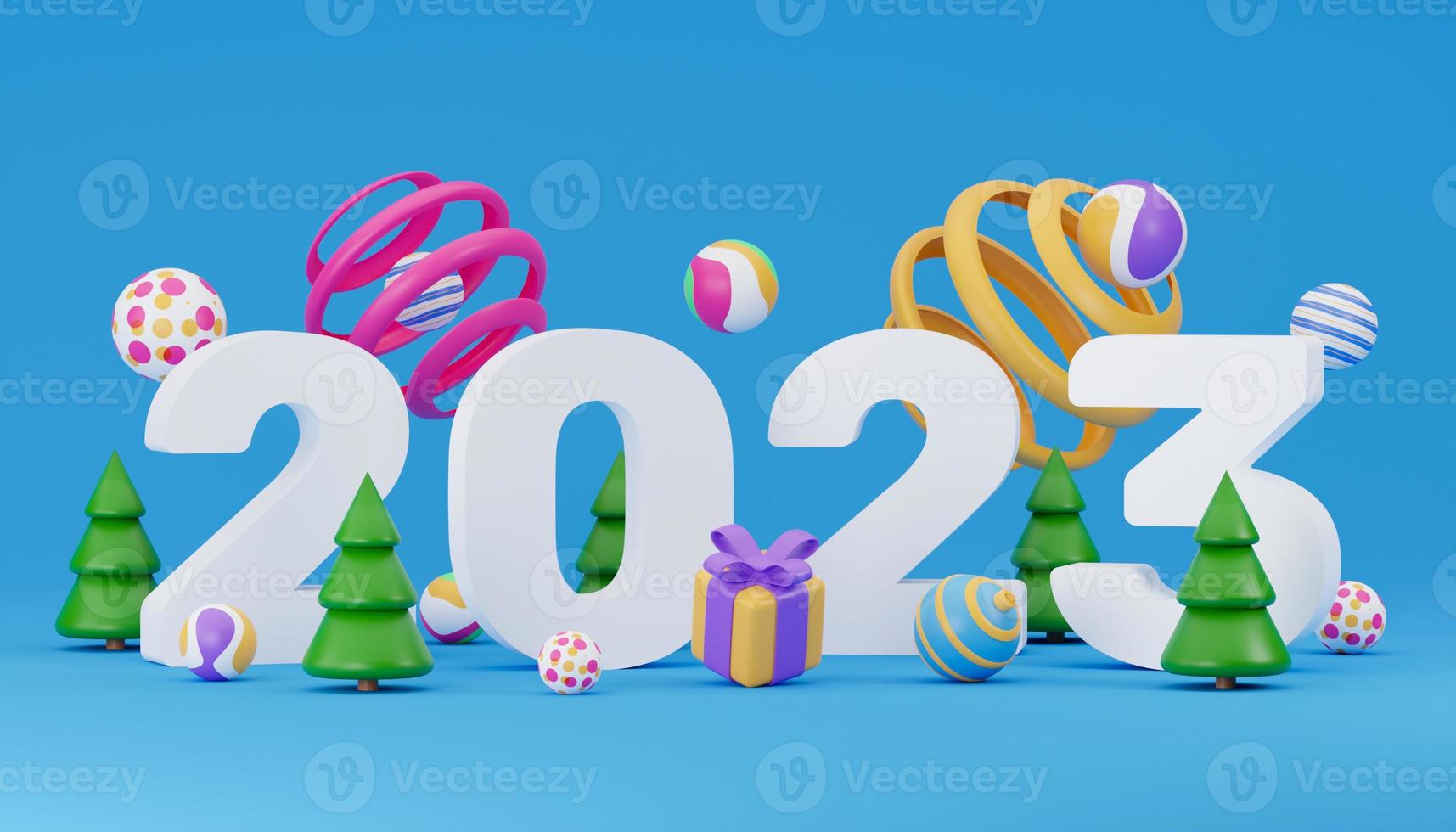 2023 new year 3d render illustration. Happy New Year 2023. Number Realistic 3d render sign. festive realistic decoration. Celebrate party Web Poster, banner, cover card, brochure, flyer photo