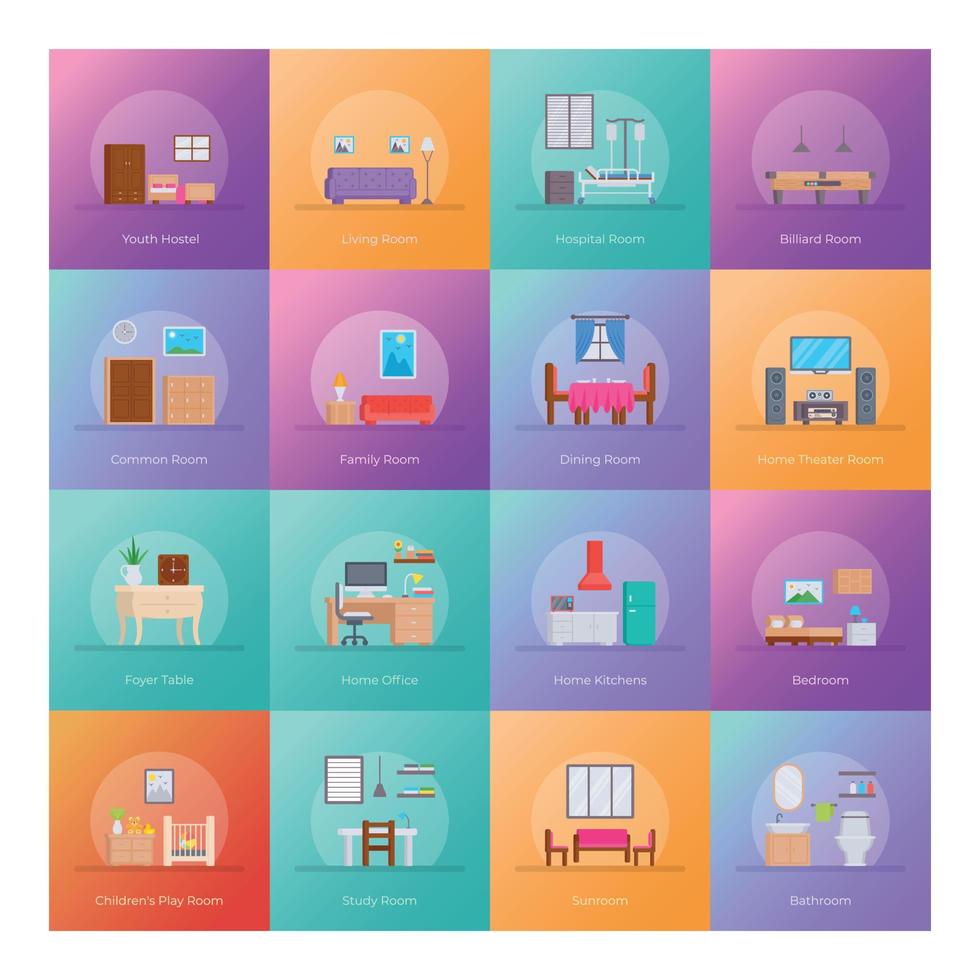 paquete de iconos de diseño de habitaciones interiores vector