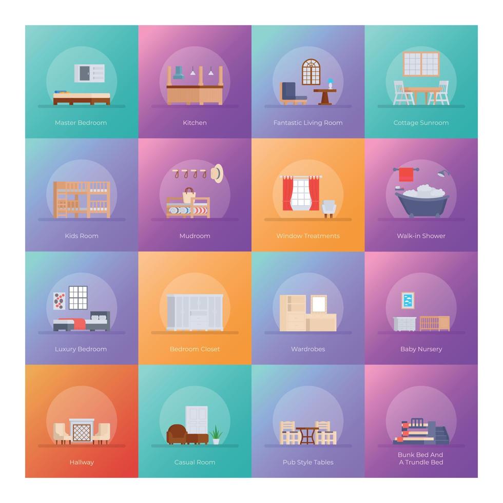 Home Interior and Decor Flat Icons vector