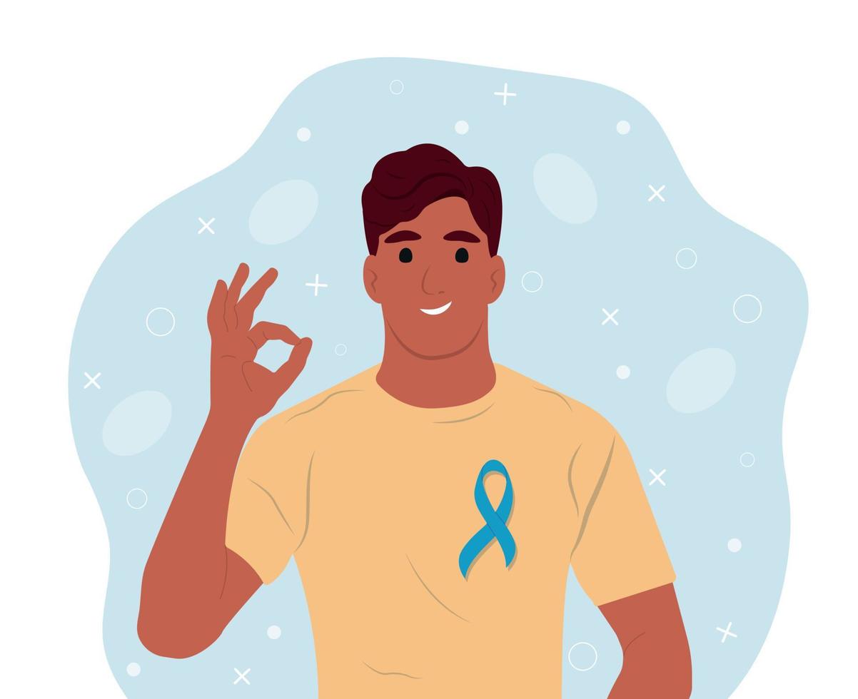 Prostate cancer awareness ribbon with. A man and a symbol of mens health. Flat vector