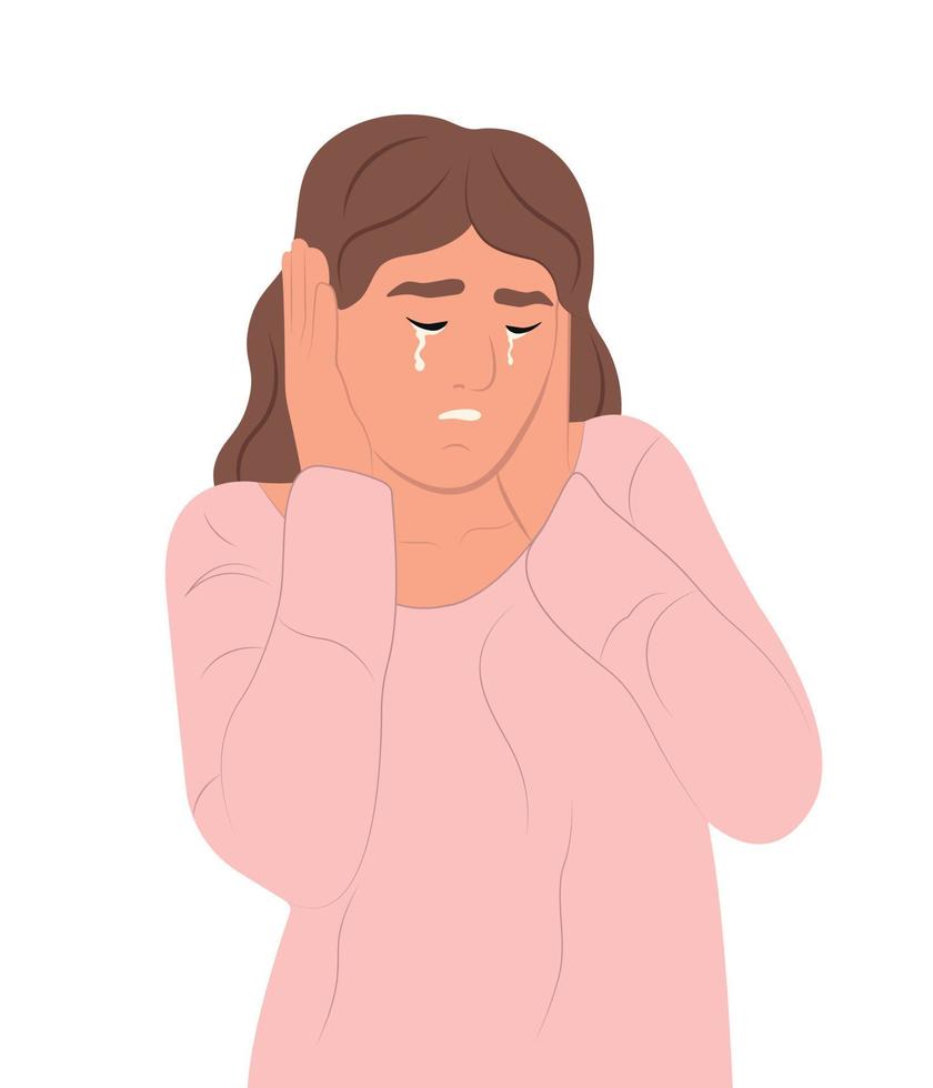 Person is in despair, grief, cries, covers his ears with his hands, does not want to hear anything, feeling negative emotions. Flat vector illustration