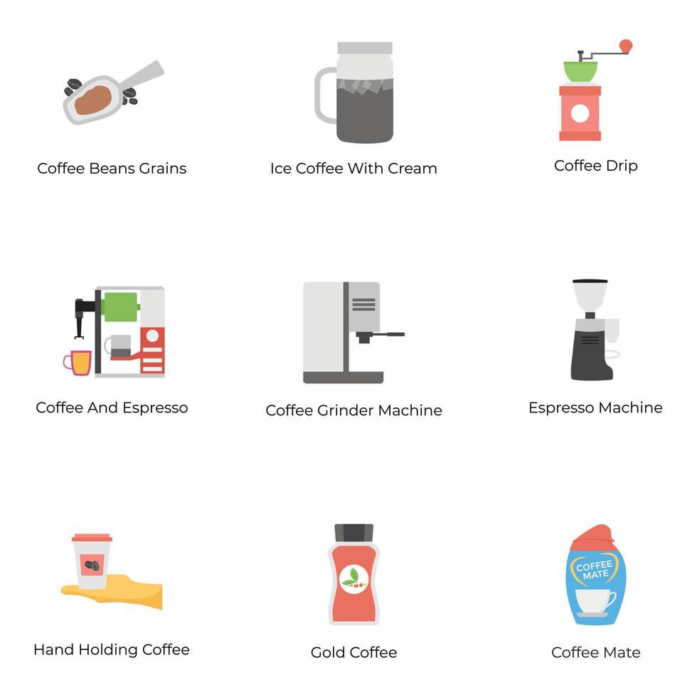 paquete de iconos planos de producción de café y café con leche vector