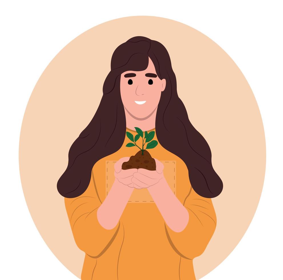 World Soil Day is held annually on December 5. The girl is holding a green plant in her hands. Forest restoration, reforestation planting trees, environment day. vector