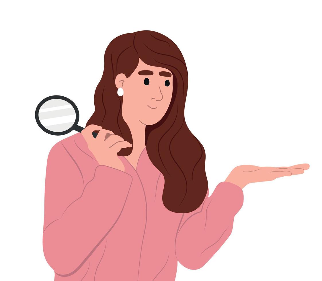 Investment research and curiosity concept. Young smiling girl holding a magnifying glass and pecks answers to questions.Flat vector illustration
