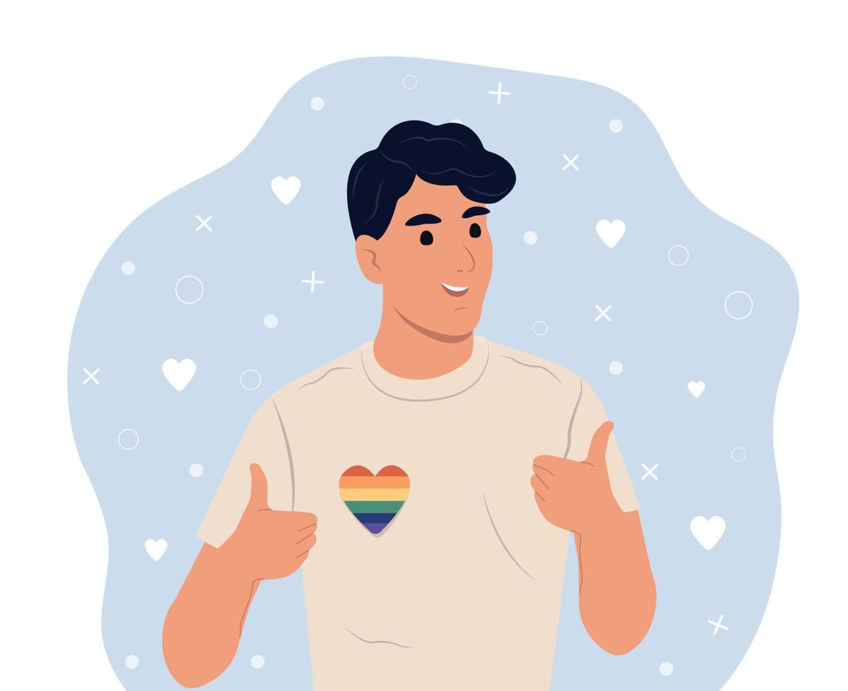 hombre gay con arco iris lgbtq y corazón transgénero celebrando el mes o el día del orgullo. ilustración vectorial plana vector