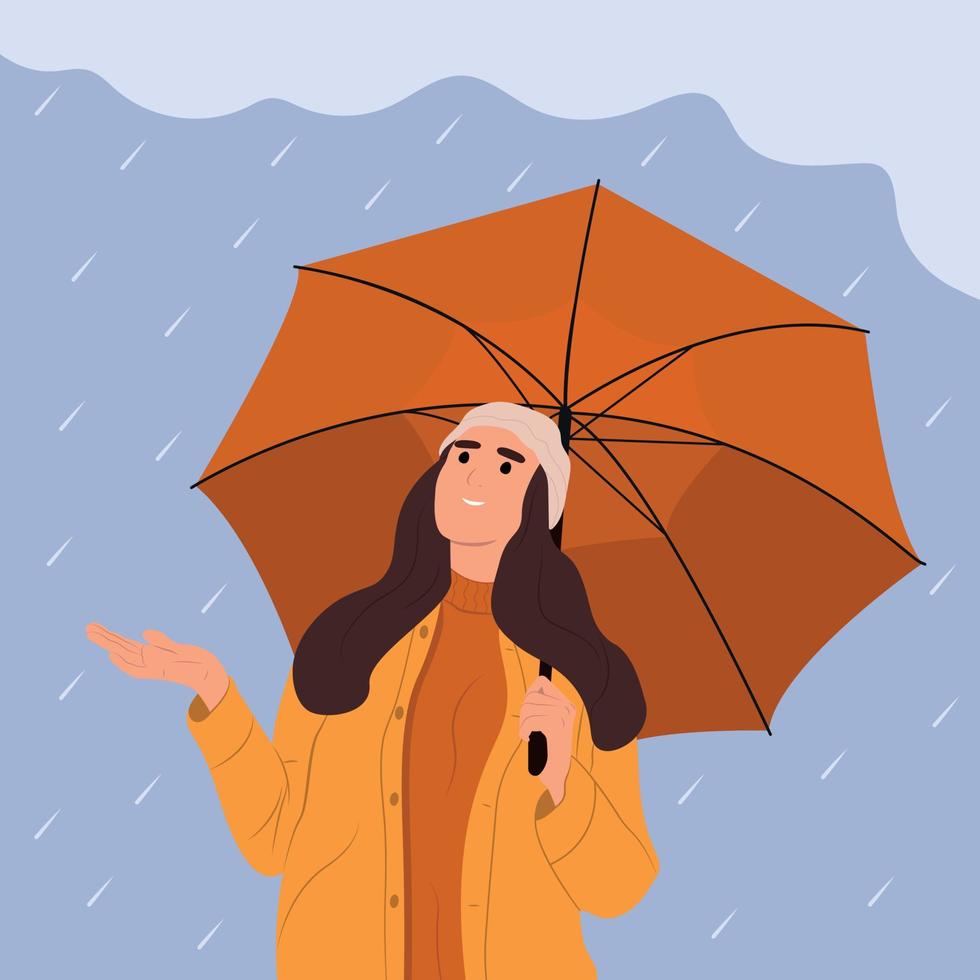 Rainy season with umbrella young happy girl catching rain with hands.Flat vector illustration