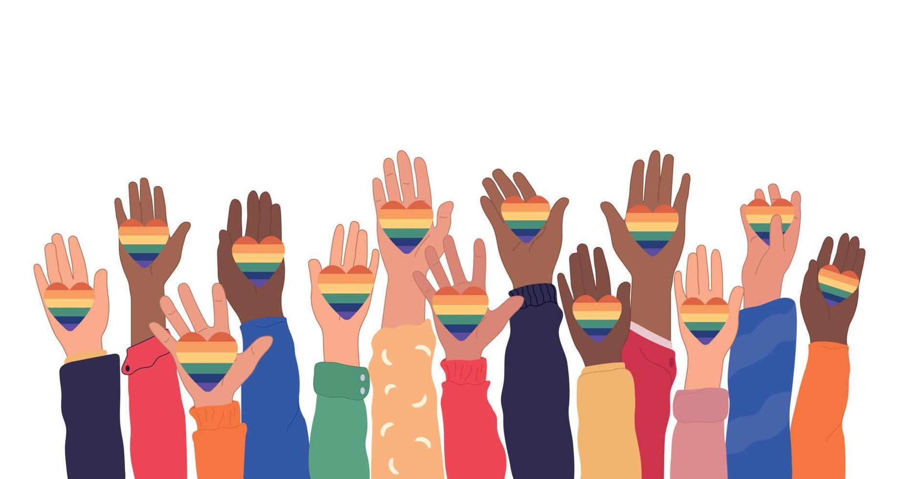 Human hands holding rainbow transgender and lgbt flags during pride month or day celebration or parade. Flat vector illustration