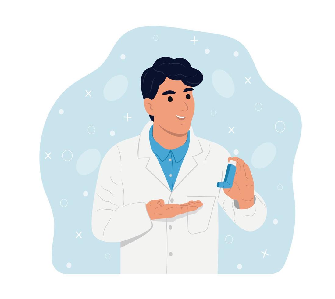 A young smiling doctor man holds an inhaler for inhalation in his hands. Childrens doctor. World Asthma Day.Bronchial Asthma. Allergy, asthmatic. Inhalation drug. Bronchial asthma. vector